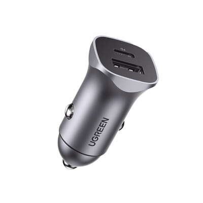 Cargador de Auto 30W / 2 Puertos USB-A y USB-C / Carga Rápida / Compatible con Vehículos de 12 y 24 VCD / PD3.0 + QC3.0 / Indicador Led / Diseño Compacto / Chip Inteligente / Aleación de Aluminio.