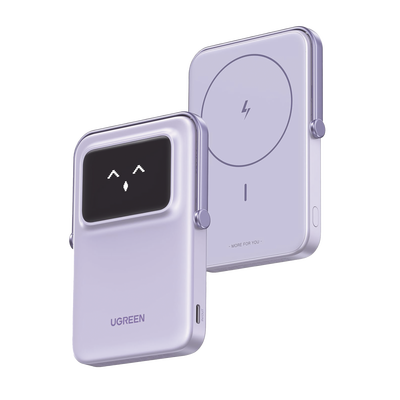 Power Bank Serie UNO Inalambrico | 10000mAh | 7.5W/20W | Con Emojis de Estado | Carga Rápida USB-C Bidireccional | Pantalla TFT Inteligente | Con Holder | Color Purple.