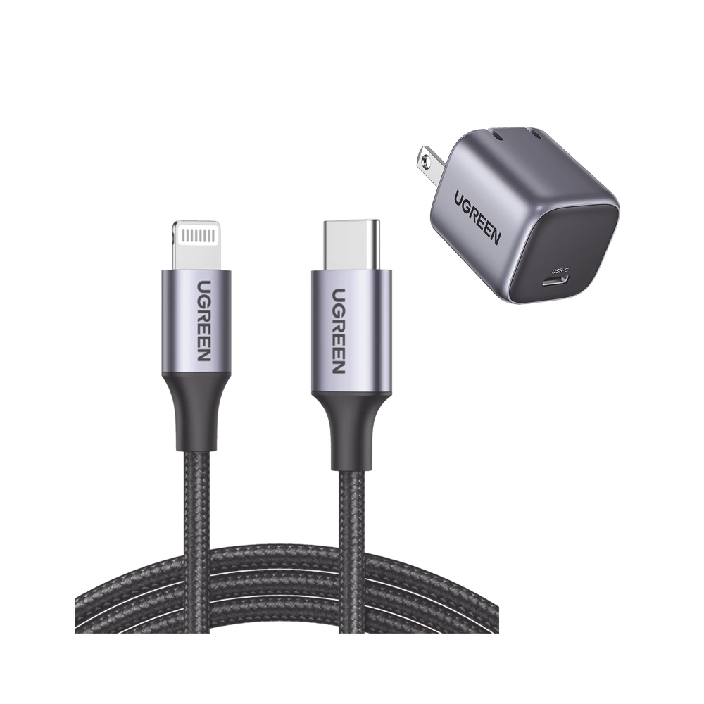 Kit de Cargador de 20w Tecnología GaN y Cable Lightning Certificado MFi / Incluye 1 Pza. 90902 / 1 Pza. 60759 / Tecnología Inteligente / Carga Rápida / Cable de 1 Metro / Carcasa de Aluminio / Nylon Trenzado