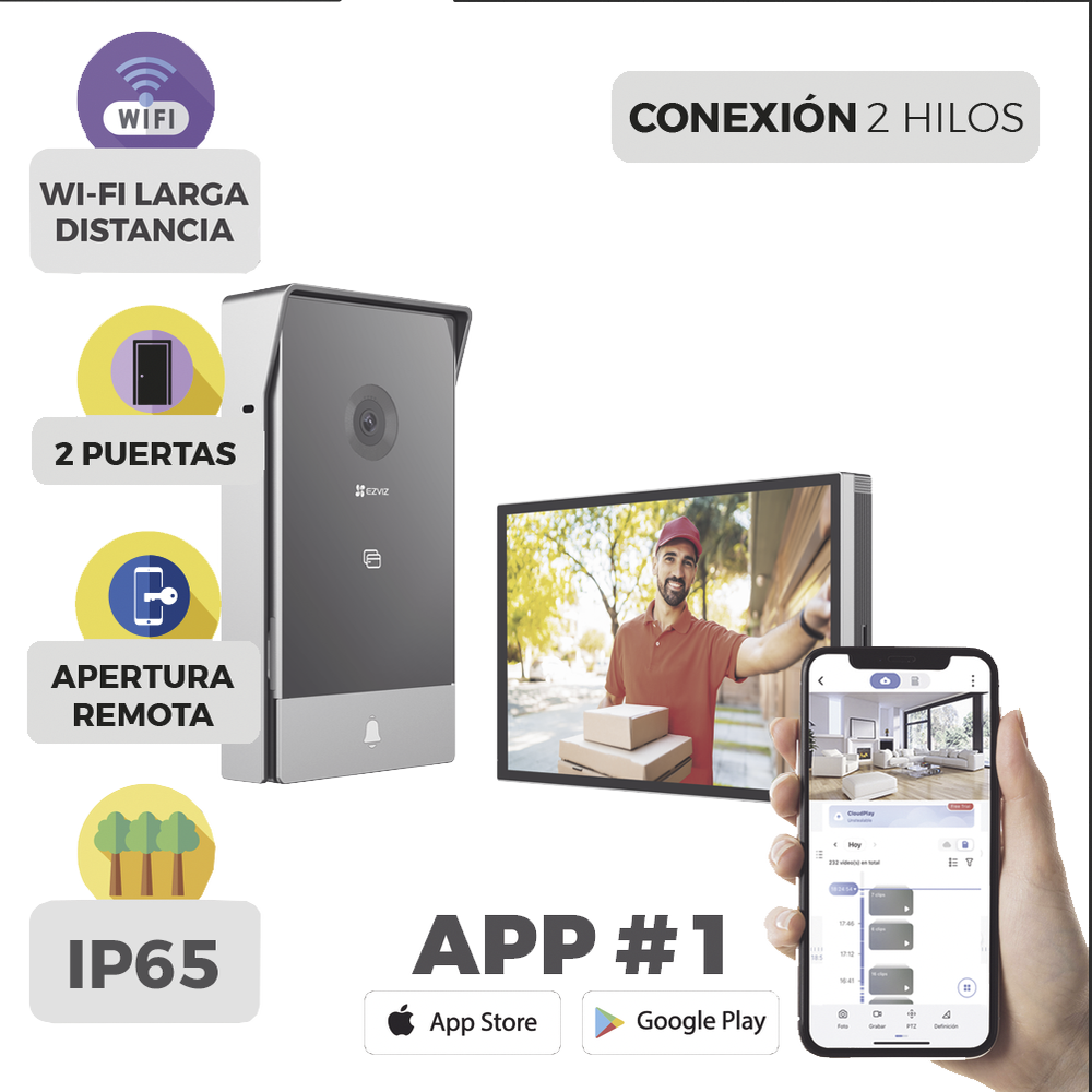 Videoportero IP Conexión a 2 Hilos / Con Monitor Wi-Fi para Interior / Frente de Calle IP65 Uso Exterior Protegido / Cámara 3 Megapíxel / Llamada a la App / Apertura remota / Soporta 2 Puertas / Ranura para Micro SD