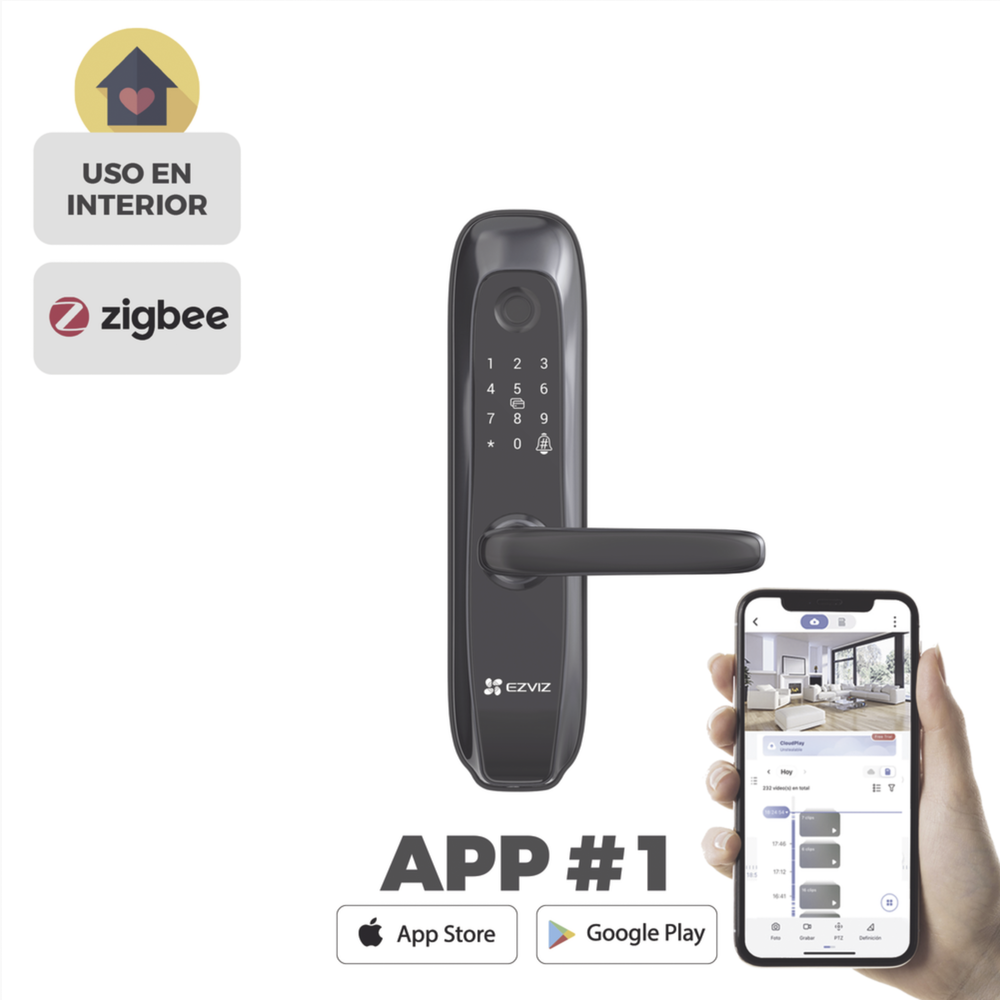 Cerradura Inteligente / Protocolo Zigbee / Códigos Temporales Para Visitantes / Lectura de Huella / Lectura de Tag / Contraseña / Botón para Timbrar / Alarma Anti-intrusión / Uso en Interior / Incluye HUB