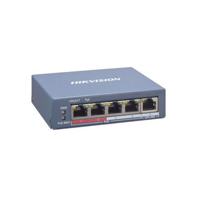 Switch PoE+ / Monitoreable / 4 Puertos 10/100 Mbps PoE+ / 1 Puerto 10/100 Mbps Uplink / Modo Estendido hasta 300 Metros / 45 W