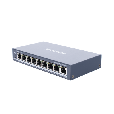 Switch Monitoreable PoE+ / 8 puertos 10/100 Mbps PoE+ / 1 puerto 10/100/1000 Mbps de Uplink / PoE hasta 250 metros / conexión remota desde Hik-ParnerPro / 110 W