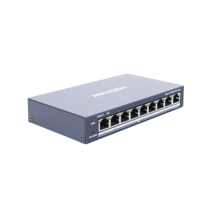 Switch Monitoreable PoE+ / 8 puertos 10/100 Mbps PoE+ / 1 puerto 10/100/1000 Mbps de Uplink / PoE hasta 250 metros / conexión remota desde Hik-ParnerPro / 110 W