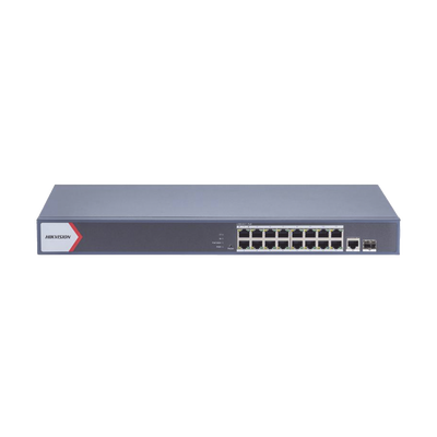 Switch Gigabit PoE+ / Monitoreable / 16 Puertos 1000 Mbps PoE+ / 1 Puerto 1000 Mbps de Uplink / 1 Puerto SFP / Configuración Nube desde Hik-PartnerPro / Modo Extendido hasta 300 Metros / 130 Watts