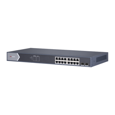 Switch Gigabit PoE+ / Administrable / 16 Puertos 10/100/1000 Mbps PoE+ / 1 Puerto 10/100/1000 Mbps de Uplink / 1 Puerto SFP / Configuración Remota desde Hik-PartnerPro / Modo Extendido hasta 300 Metros / 130 W