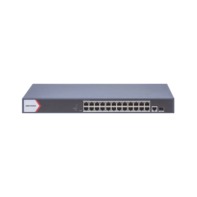 Switch Gigabit PoE+ / Administrable / 24 Puertos 1000 Mbps PoE+ / 1 Puerto 100 uplink / 1 Puerto 1000 Mbps Uplink / 1 Puertos SFP Uplink / Configuración Nube desde Hik-PartnerPro / Modo Extendido hasta 300 Metros / 370 W