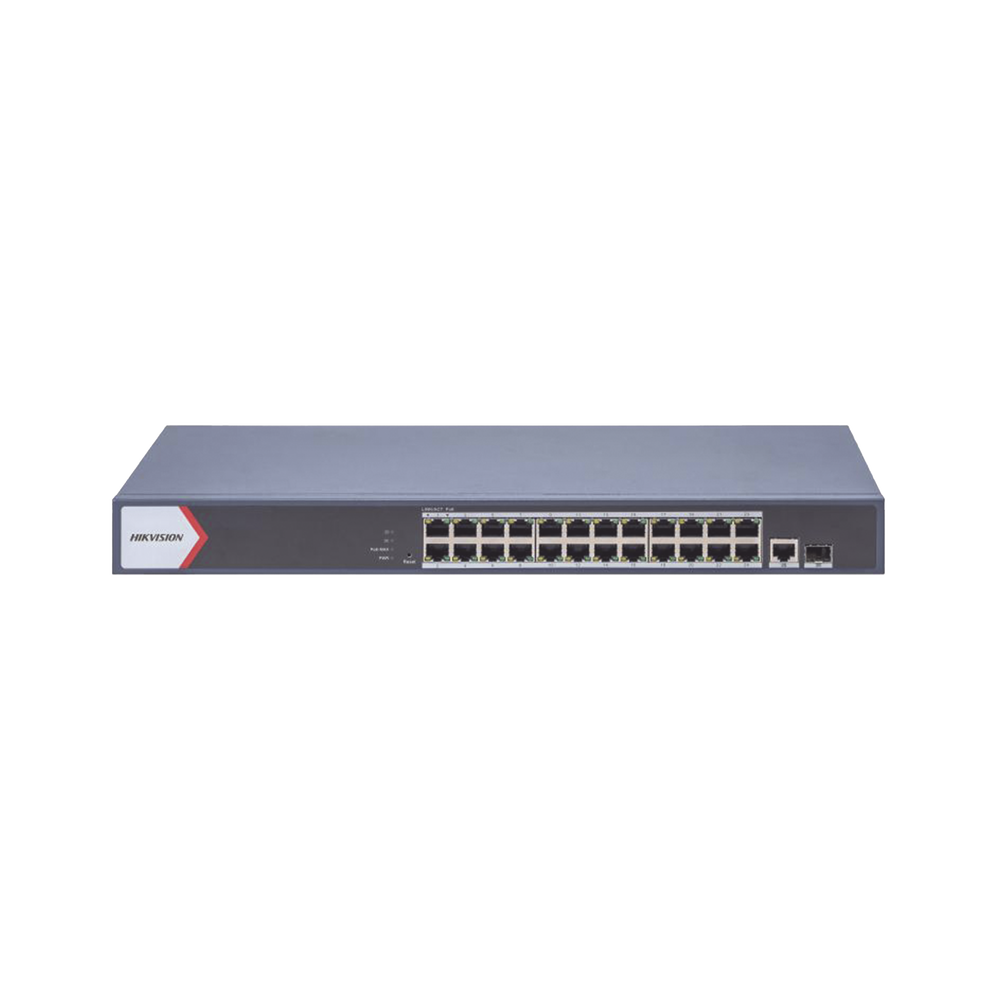 Switch Gigabit PoE+ / Administrable / 24 Puertos 10/100/1000 Mbps PoE+ / 1 Puerto 10/100/1000 Mbps Uplink / 1 Puertos SFP Uplink Configuración Remota desde Hik-PartnerPro /Modo Extendido hasta 300 Metros / 230 W