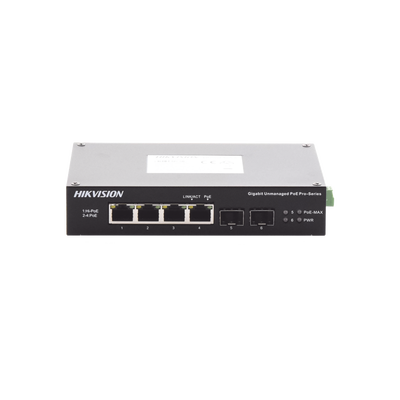 Switch Industrial No Administrable Gigabit / 3 Puertos Gigabit PoE+ (30 W) + 1 Puerto Gigabit PoE++ (60 W) / 2 Puertos SFP / 65 W Total / 48 a 57 VCD / Ideal para Proyectos