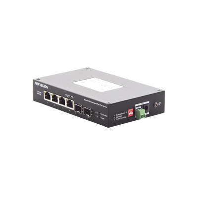 Switch Industrial No Administrable Gigabit / 3 Puertos Gigabit PoE+ (30 W) + 1 Puerto Gigabit PoE++ (60 W) / 2 Puertos SFP / 65 W Total / 48 a 57 VCD / Ideal para Proyectos
