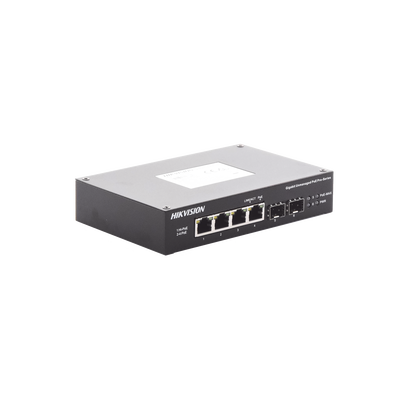 Switch Industrial No Administrable Gigabit / 3 Puertos Gigabit PoE+ (30 W) + 1 Puerto Gigabit PoE++ (60 W) / 2 Puertos SFP / 65 W Total / 48 a 57 VCD / Ideal para Proyectos