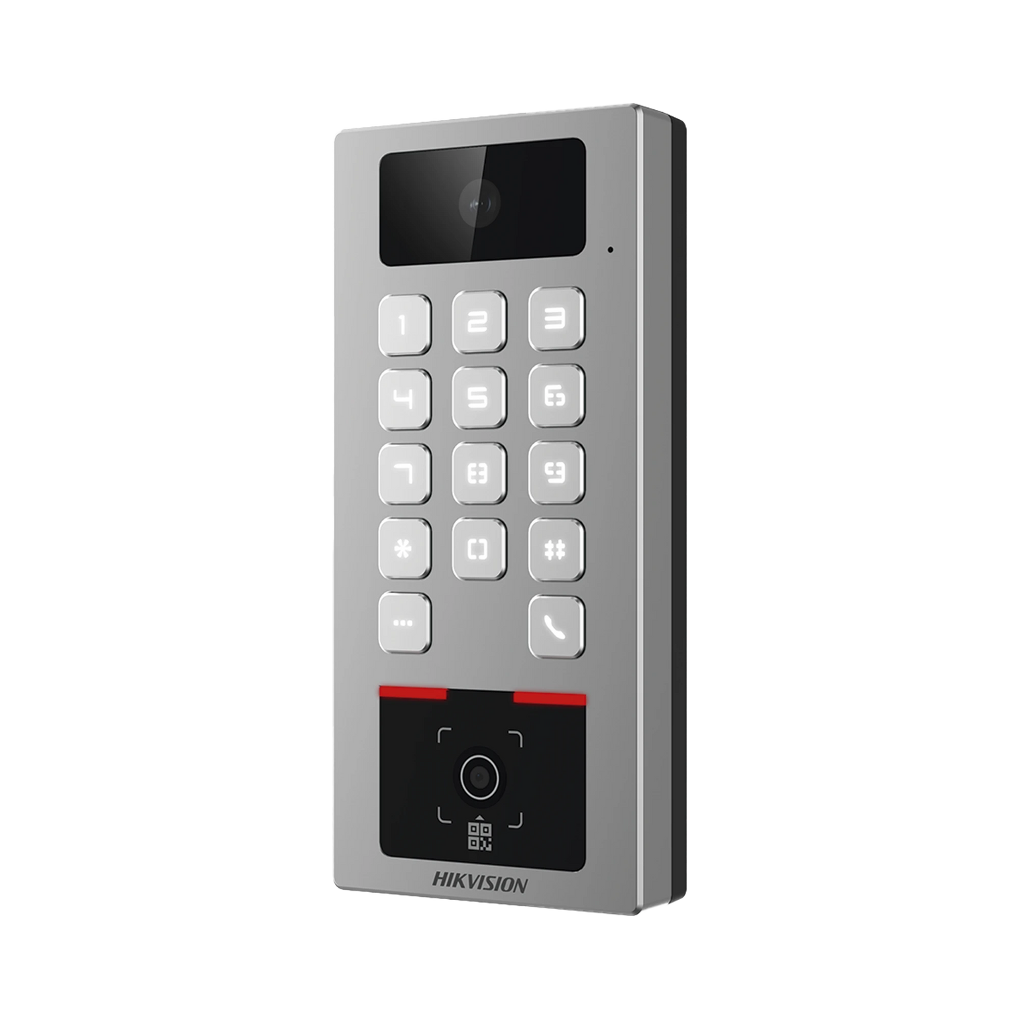 Teclado con Lector Físico de QRs para Exterior Antivandálico IP65 & IK09 con función de Videoportero Multiapartamento / Huella, Tarjeta, Código QR, PIN o App HikConnect / Cámara 2 MP compatible con NVRs / Soporta b
