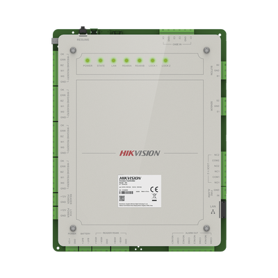 Controlador de Acceso 2 Puertas Administrable en la Nube con Hik-Connect Teams / Interfaz Web / 4 Lectores de Huella o Tarjeta / 100,000 Tarjetas / 10,000 Huellas / Incluye Gabinete y Fuente de Alimentación 12 Vcd 8 A / Soporta Batería de Re