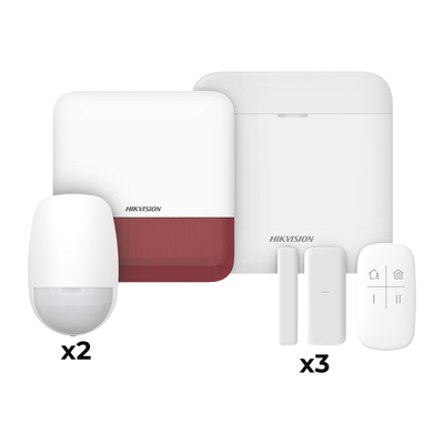 (AX PRO) KIT de Alarma AXP RO / Incluye: 1 Hub con bateria de respaldo / 2 Sensores PIR / 3 Contactos Magnéticos mini / 1 Control Remoto / 1 Sirena Inalambrica Exterior color rojo / WiFi / Compatible con Hik-Connect P2P