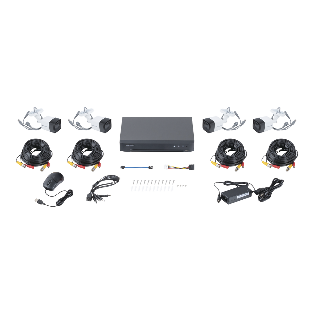 KIT TURBOHD 5 Megapixel / DVR 4 Canales / 4 Cámaras Bala Fabricadas en Metal con Micrófono Integrado (exterior 2.8 mm) / Fuente de Poder / Accesorios de Instalación