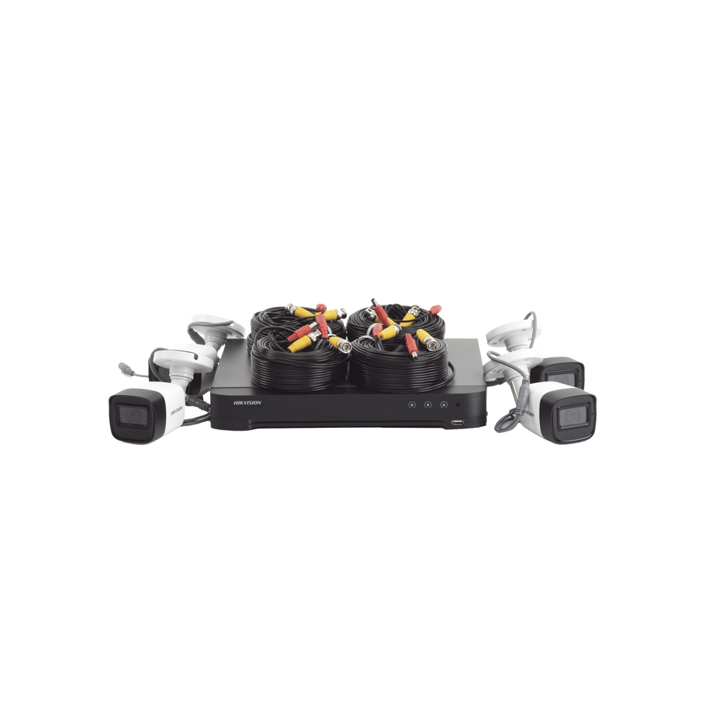 KIT TURBOHD 5 Megapixel / DVR 4 Canales / 4 Cámaras Bala Fabricadas en Metal con Micrófono Integrado (exterior 2.8 mm) / Fuente de Poder / Accesorios de Instalación