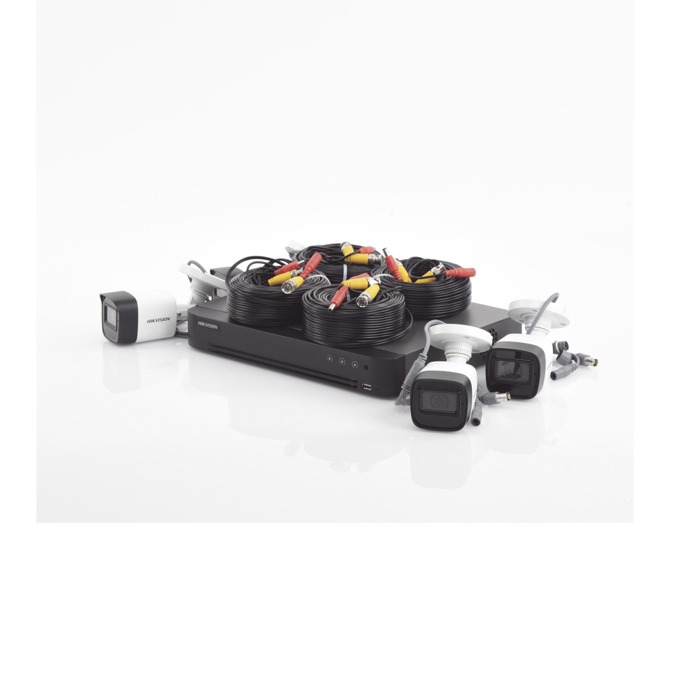 KIT TURBOHD 5 Megapixel / DVR 4 Canales / 4 Cámaras Bala Fabricadas en Metal con Micrófono Integrado (exterior 2.8 mm) / Fuente de Poder / Accesorios de Instalación
