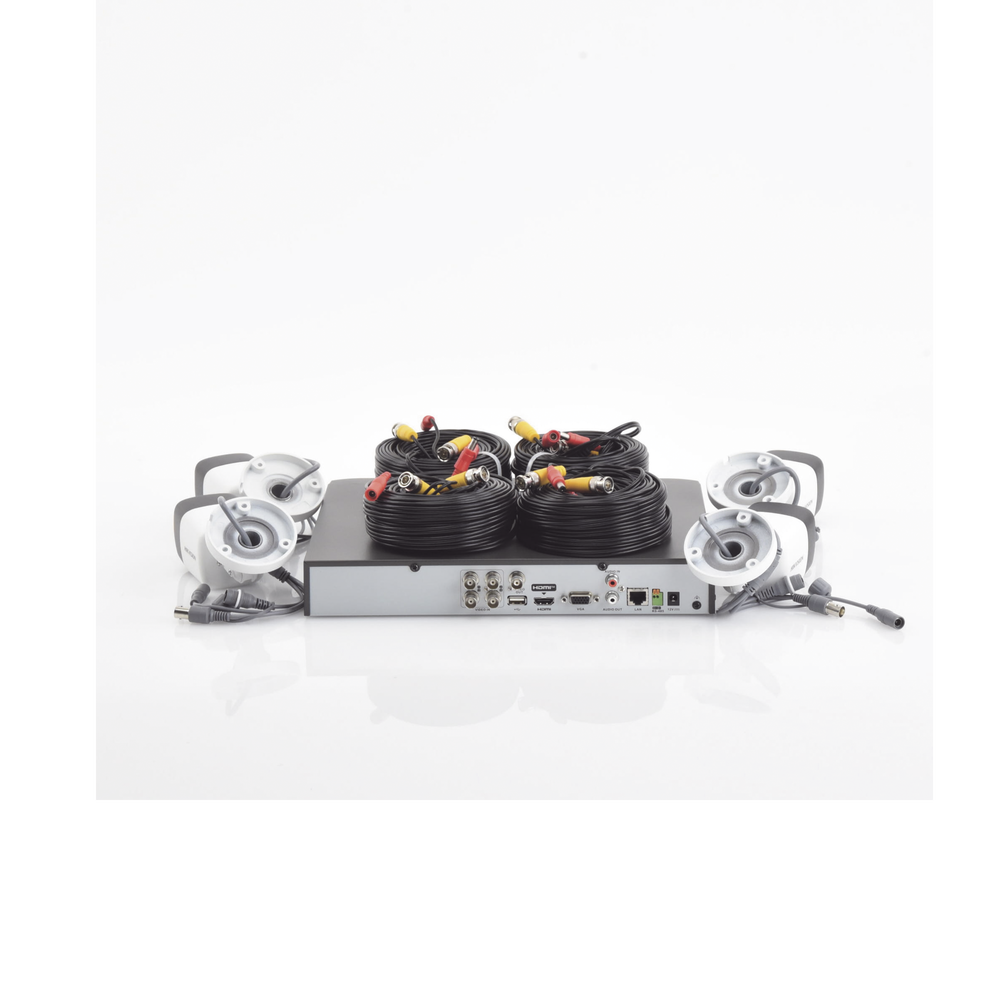 KIT TURBOHD 5 Megapixel / DVR 4 Canales / 4 Cámaras Bala Fabricadas en Metal con Micrófono Integrado (exterior 2.8 mm) / Fuente de Poder / Accesorios de Instalación
