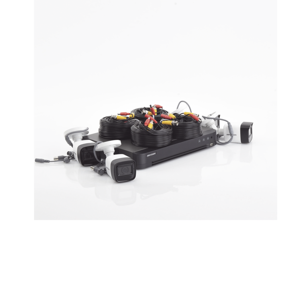 KIT TURBOHD 5 Megapixel / DVR 4 Canales / 4 Cámaras Bala Fabricadas en Metal con Micrófono Integrado (exterior 2.8 mm) / Fuente de Poder / Accesorios de Instalación