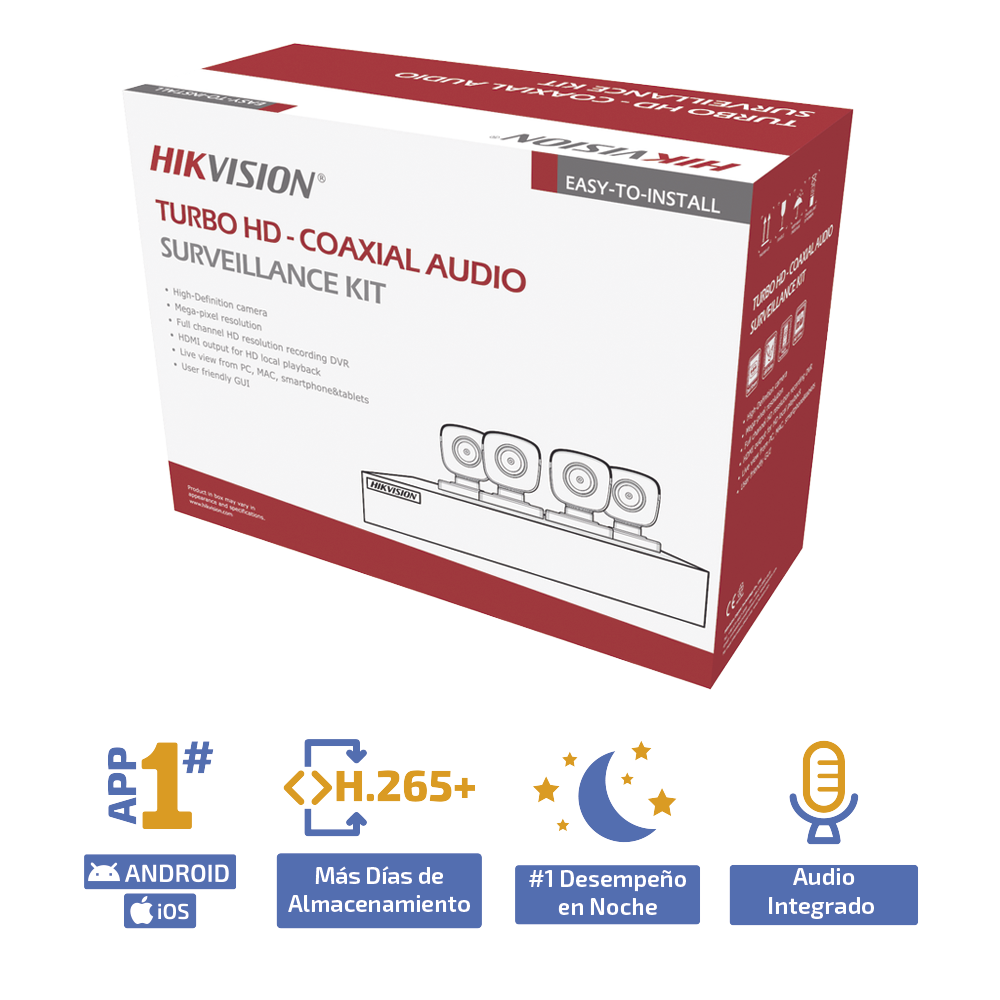 KIT TURBOHD 5 Megapixel / DVR 4 Canales / 4 Cámaras Bala Fabricadas en Metal con Micrófono Integrado (exterior 2.8 mm) / Fuente de Poder / Accesorios de Instalación