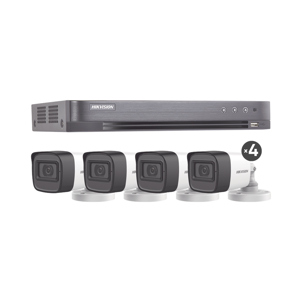 KIT TURBOHD 5 Megapixel / DVR 4 Canales / 4 Cámaras Bala Fabricadas en Metal con Micrófono Integrado (exterior 2.8 mm) / Fuente de Poder / Accesorios de Instalación