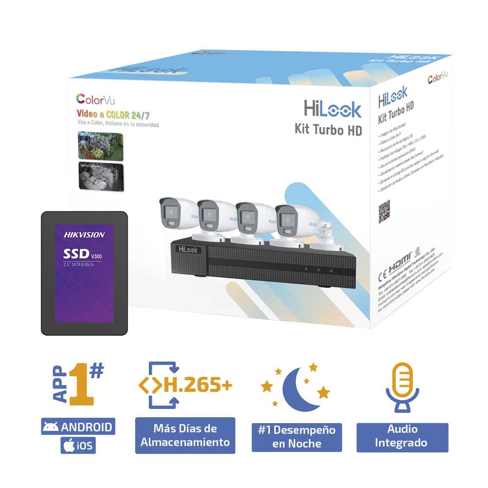 Kit TurboHD 1080p + SSD 1 TB / DVR 4 Canales / 4 Cámaras Bala ColorVu con Micrófono Integrado / Fuente de Poder / Accesorios de Instalación