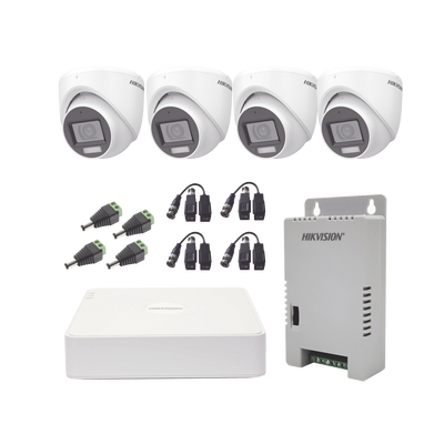 KIT TurboHD 1080p / DVR 4 Canales con audio por coaxitron / 4 Cámaras con Micrófono y 106° Visión/ luz blanca + IR visión nocturna / Transceptores / Conectores / Fuente de Poder Profesional