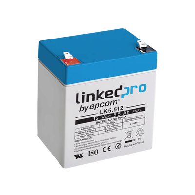 Batería 12 Vcc / 5.5 Ah / UL / Tecnología AGM-VRLA / Para uso en equipo electrónico, Alarmas de Intrusión / Incendio/ Control de acceso / Video Vigilancia / Terminales F1 y F2.