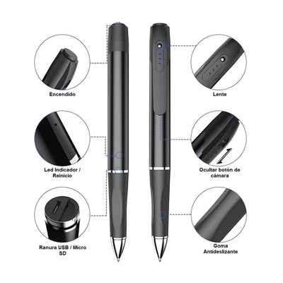 Cámara Oculta en Bolígrafo (Spyce Camera) / Full HD / Grabación de Video y Audio / Captura de Fotos / Soporta Memoria Micro-SD de hasta 64G / Tiempo de Carga Aprox. 1 hora / Tiempo de Trabajo 120 min. / Incluye Cable de Carga.