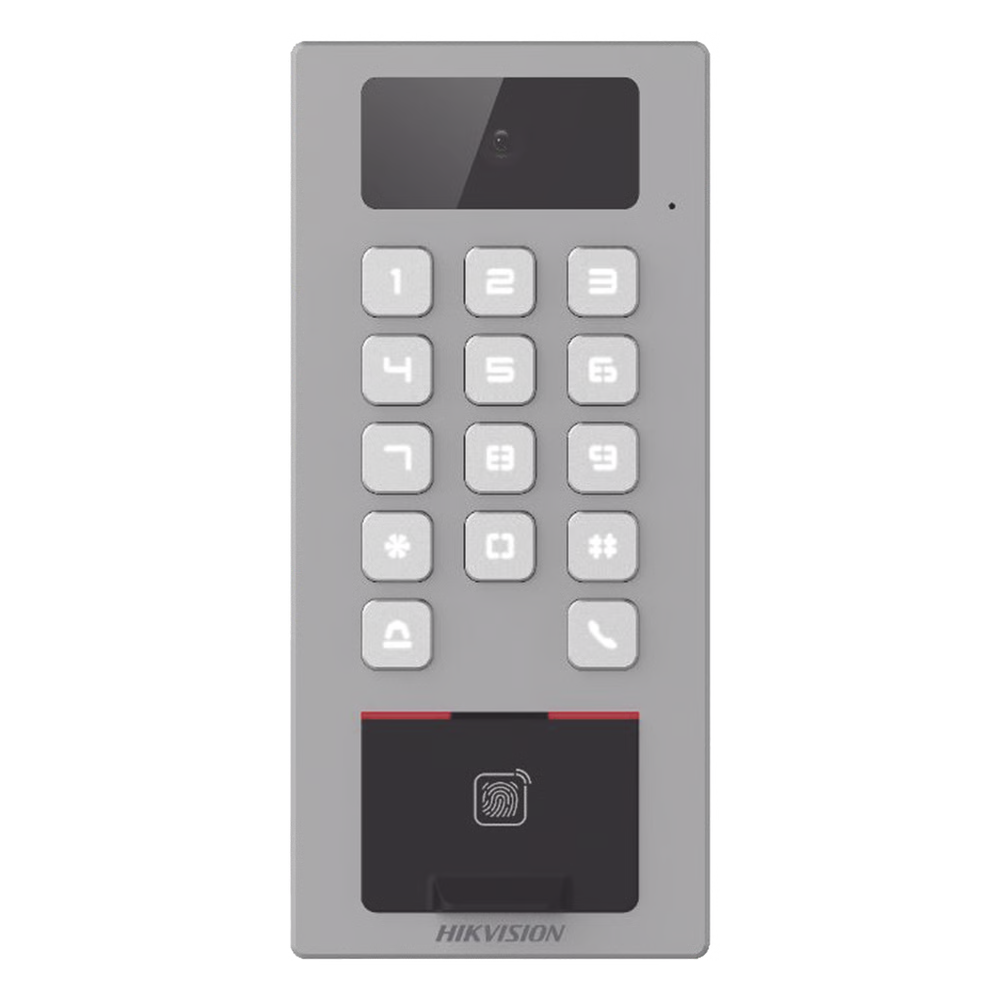 (PoE / 2 Relays) Terminal de Control de Acceso / Videoportero Multiapartamento Llamada a App / Teclado / Exterior Antivandálico IP65 & IK09 / Huella, Tarjeta, Código QR, PIN o App Hik-Connect / Cámara 2 MP compatible con NVRs