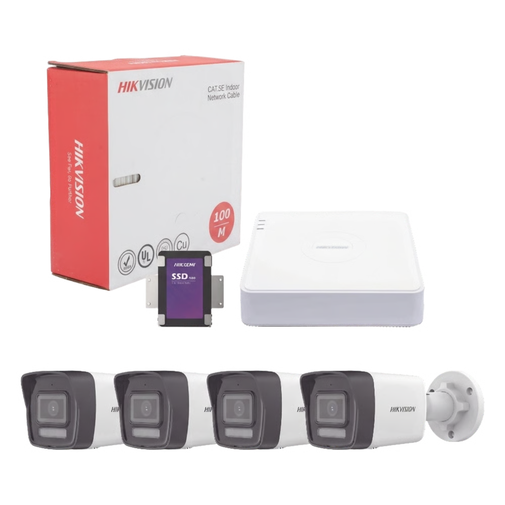 Kit IP 4 Megapixel / NVR de 4 Canales con 4 Puertos PoE / 4 Cámaras IP Bala Dual Light (IR + Luz Blanca) con Microfono Integrado y ACUSENSE Lite para Exterior/ Bobina de Cable de 100 mts / SSD de 1 TB