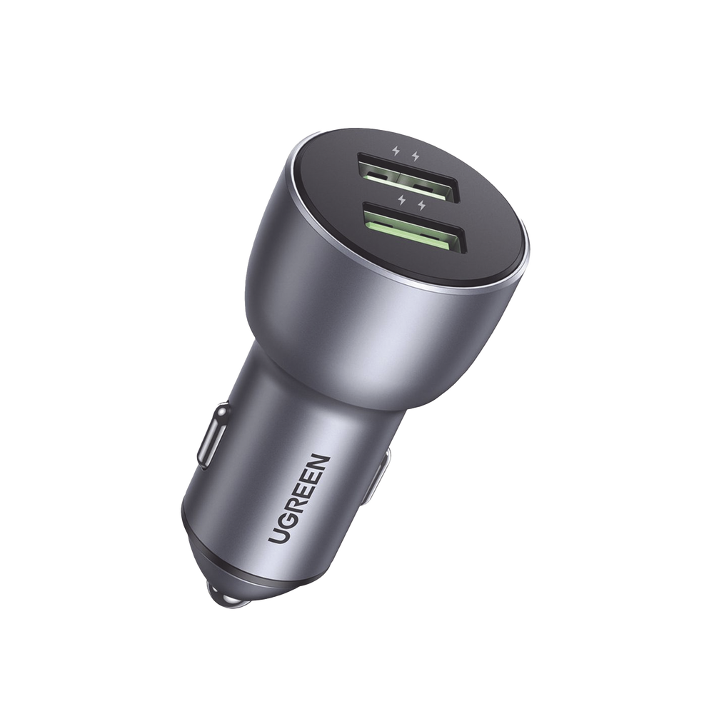 Cargador de Auto 36W / 2 Puertos USB-A / Carga Rápida / Compatible con Vehículos de 12 y 24 VCD / PD3.0 + QC3.0 / Chip Inteligente / Diseño Compacto / Mayor Eficiencia Energética / Aleación de Aluminio.