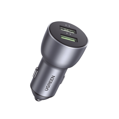 Cargador de Auto 36W / 2 Puertos USB-A / Carga Rápida / Compatible con Vehículos de 12 y 24 VCD / PD3.0 + QC3.0 / Chip Inteligente / Diseño Compacto / Mayor Eficiencia Energética / Aleación de Aluminio.