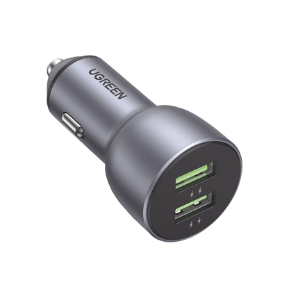 Cargador de Auto 36W / 2 Puertos USB-A / Carga Rápida / Compatible con Vehículos de 12 y 24 VCD / PD3.0 + QC3.0 / Chip Inteligente / Diseño Compacto / Mayor Eficiencia Energética / Aleación de Aluminio.