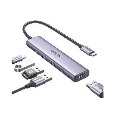 HUB USB-C (Docking Revodok) 5 en 1 | 1 USB-A 3.0 (5Gbps) | 2 USB-A 2.0 (5Gbps) | HDMI 2.0 4K@30Hz | USB-C PD Carga 100W | Cable Trenzado Duradero | Carcasa de Aluminio.