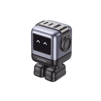 Cargador RobotGaN de 65W Serie UNO | 3 Puertos de Carga Rápida | 2 USB-C | 1 USB-A | PD 3.0 | QC 4.0 | Carga Inteligente | Tecnología GaN II | Zapato Magnético Extraíble | Carcasa Ignifuga | Pantalla LED
