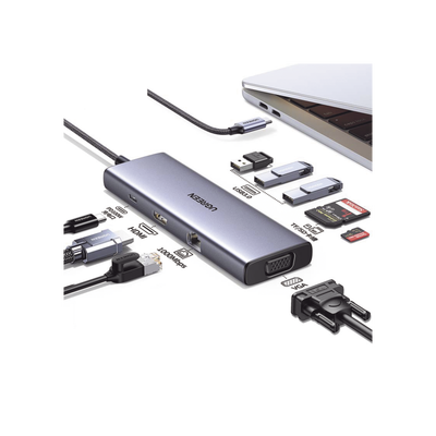 HUB USB-C (Docking Station) 9 en 1 | 3 USB-A 3.0 | USB-C PD Carga 100W | HDMI 4K@30Hz | RJ45 (Gigabit Ethernet) | VGA | Lector Tarjetas SD + Micro SD (TF) Uso Simultáneo | Chip de Última Generación | Caja de Aluminio.