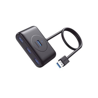 HUB USB-A 3.0 4 en 1 | 4 Puertos USB-A 3.0 (5Gbps) | Entrada USB-C (PD 5V2A) | Cable de 1 Metro | Indicador Led | Ideal para Transferencia de Datos | Entrada USB-C para alimentar equipos de mayor consumo | Color Negro.