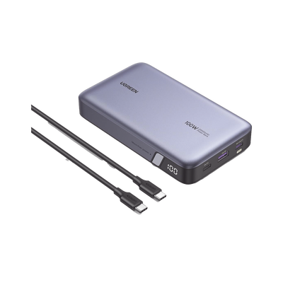 Power Bank de 20000mAh | 3 Salidas 100W Max. | USB-A + 2 USB-C | PD 3.0 | QC3.0 | FCP | SCP | Pantalla Inteligente | Carcasa Ignifuga | Color Gris | Incluye Cable USB de 50cm | Carga tu Laptop de Manera Segura.