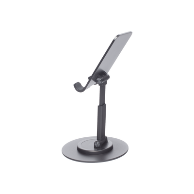 Soporte para Teléfono Celular Giratorio | 360° de Rotación | Angulo Ajustable | Altura Ajustable 17-20cm  | Antideslizante | Ejes Giratorios de Alta Precisión| Plegable | Aluminio | Color Gris
