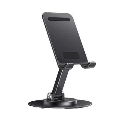 Soporte para Teléfono Celular Giratorio | 360° de Rotación | Angulo Ajustable | Altura Ajustable 17-20cm  | Antideslizante | Ejes Giratorios de Alta Precisión| Plegable | Aluminio | Color Gris