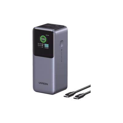 Power Bank de 20000mAh | 3 Salidas 130W Max. | USB-A + 2 USB-C | PD 3.0 | QC3.0 | FCP | SCP | Pantalla Inteligente | Carcasa Ignifuga | Color Gris | Incluye Cable USB de 50cm | Carga tu Laptop de Manera Segura.
