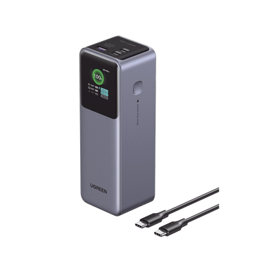 Power Bank de 12000mAh | 3 Salidas 100W Max. | USB-A + 2 USB-C | PD 3.0 | QC3.0 | FCP | SCP | Pantalla Inteligente | Carcasa Ignifuga | Color Gris | Incluye Cable USB de 50cm | Carga tu Laptop de Manera Segura.
