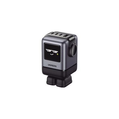 Cargador RobotGaN de 100W Serie UNO | 4 Puertos de Carga Rápida | 3 USB-C | 1 USB-A | PD 3.0 | QC 4.0 | Carga Inteligente | Tecnología GaN II | Zapato Magnético Extraíble | Carcasa Ignifuga | Pantalla LED