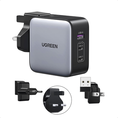 Cargador Universal de Viaje 65W | Contiene 3 Enchufes Internacionales (EU/UK/US) | Serie Nexode | 3 Puertos de Carga Rápida | 2 USB-C | 1 USB-A | Tecnología GaN II | PD 3.0 | QC 4.0 | Carga Inteligente | Carcasa Ignifuga