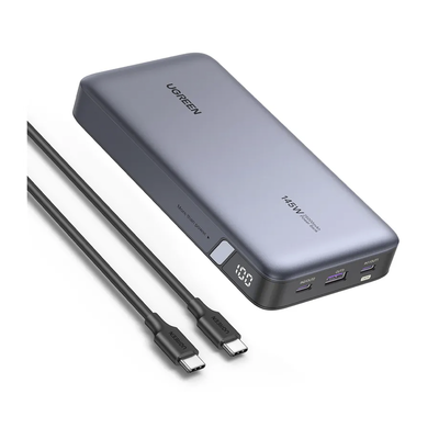 Power Bank de 25000mAh / 3 Salidas 145W Max. / USB-A + 2 USB-C / PD 3.0, QC3.0 / FCP / SCP / Pantalla Inteligente / Carcasa Ignifuga / Color Gris / Incluye Cable USB de 50cm / Carga tu Laptop de Manera Segura