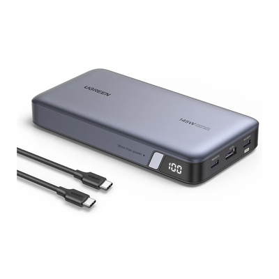 Power Bank de 25000mAh / 3 Salidas 145W Max. / USB-A + 2 USB-C / PD 3.0, QC3.0 / FCP / SCP / Pantalla Inteligente / Carcasa Ignifuga / Color Gris / Incluye Cable USB de 50cm / Carga tu Laptop de Manera Segura