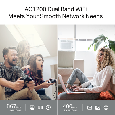 Router inalámbrico AC 1200 doble banda MU-MIMO, 1 puerto WAN 10/100/1000 Mbps Y  4 puertos LAN 10/100/1000 Mbps