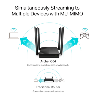 Router inalámbrico AC 1200 doble banda MU-MIMO, 1 puerto WAN 10/100/1000 Mbps Y  4 puertos LAN 10/100/1000 Mbps