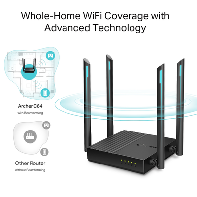 Router inalámbrico AC 1200 doble banda MU-MIMO, 1 puerto WAN 10/100/1000 Mbps Y  4 puertos LAN 10/100/1000 Mbps